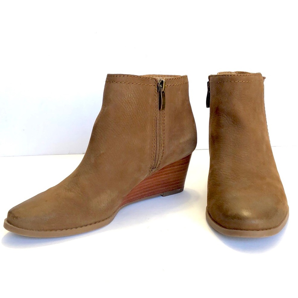 Franco Sarto Brown Side Zip Rubber Bottom Wedge Leather Ankle Boots size 7.5